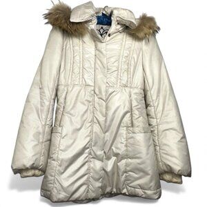 Mackage Cream Mid-length Down WOOL Leather Puffer jacket Coat with Fur Hood sz S